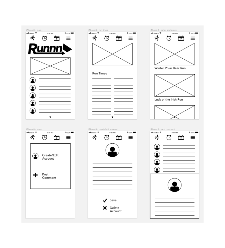 Runnn! app high fidelity wire frames