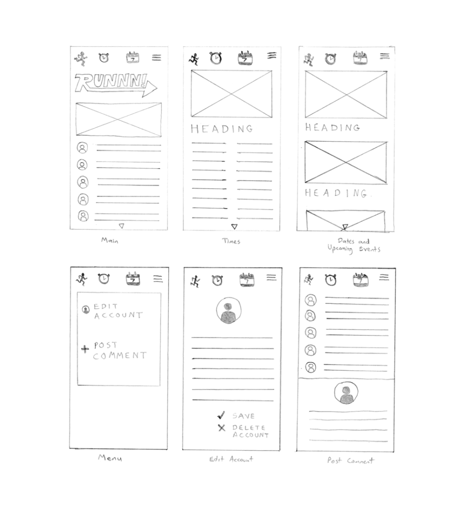 Runnn! app low fidelity wire frame sketches